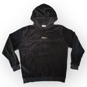 Fila Womens Y2K 00s Hoodie Velvet Ribbed Gold Embroidery Pull Over Black